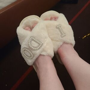 Cream Faux Fur Crystal Letter Slide Slippers I DO